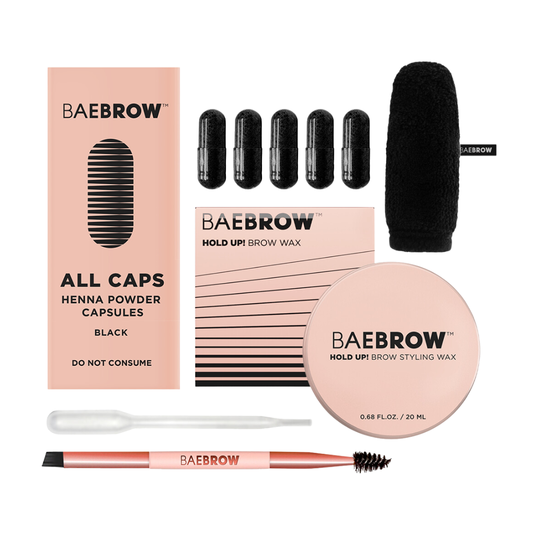 With every tool you'll need included in this bundle, you're all set to design your perfect brows: ALL CAPS Henna Capsules HOLD UP! Brow Styling Wax Dual Angled Brush Pipette Mini Finger Swiper