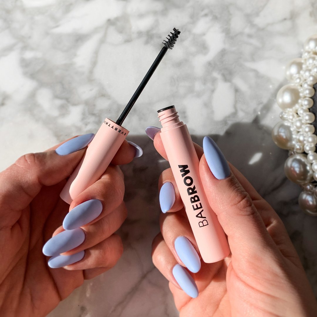 Tint + Hold Bundle Instant tint for eyebrow tinting at home easy and quick application no mixing gentle formula G-LAM Clear Eyebrow Gel for boosting brow volume mess-free application pastel pink tube