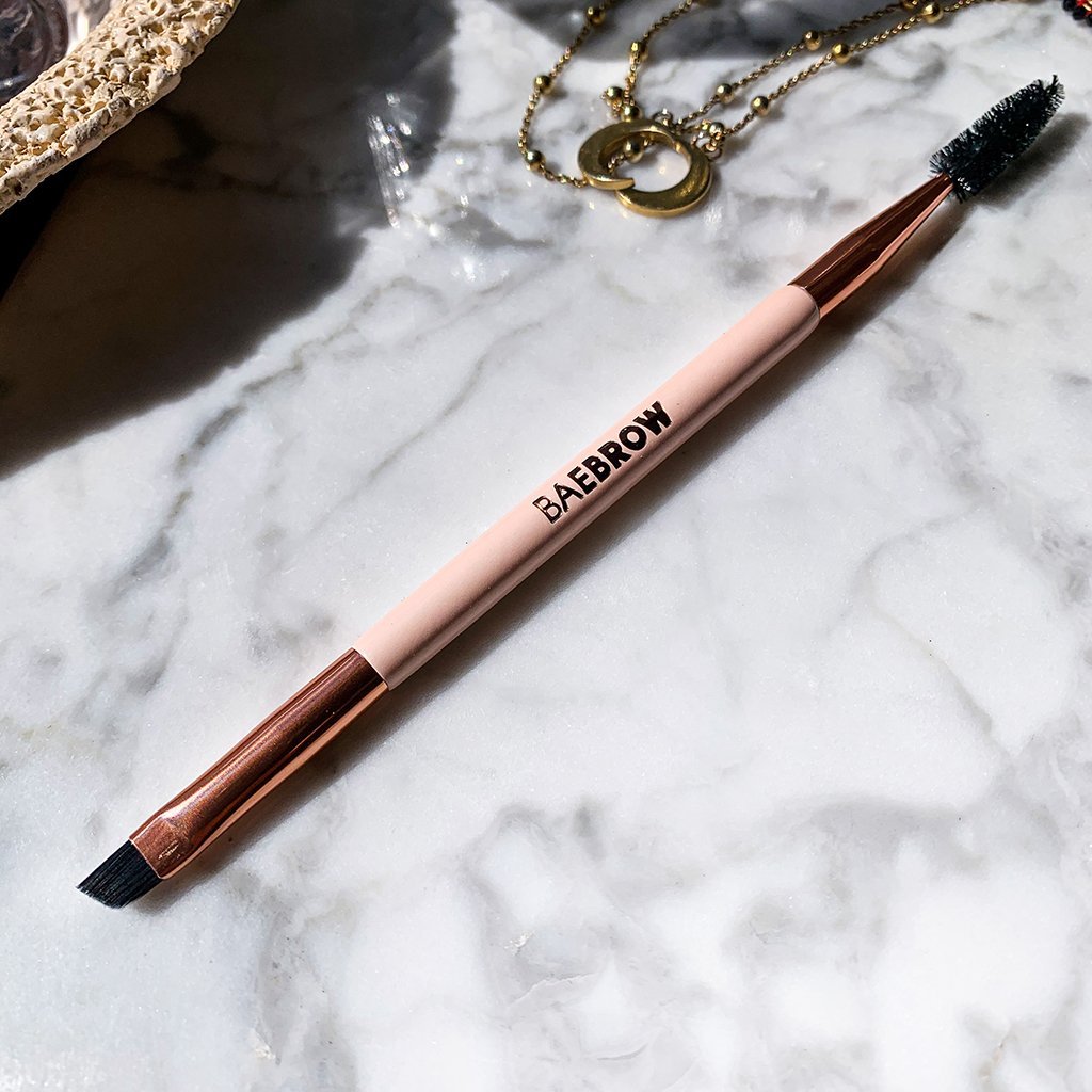 Brush Trio - Essential Brow and Lash Styling Kit Brush #1 - Dual Ended Angled Brush + Spoolie with firm bristles for blending color products, applying pomade, shadow and even tint with pro precision in light pink color