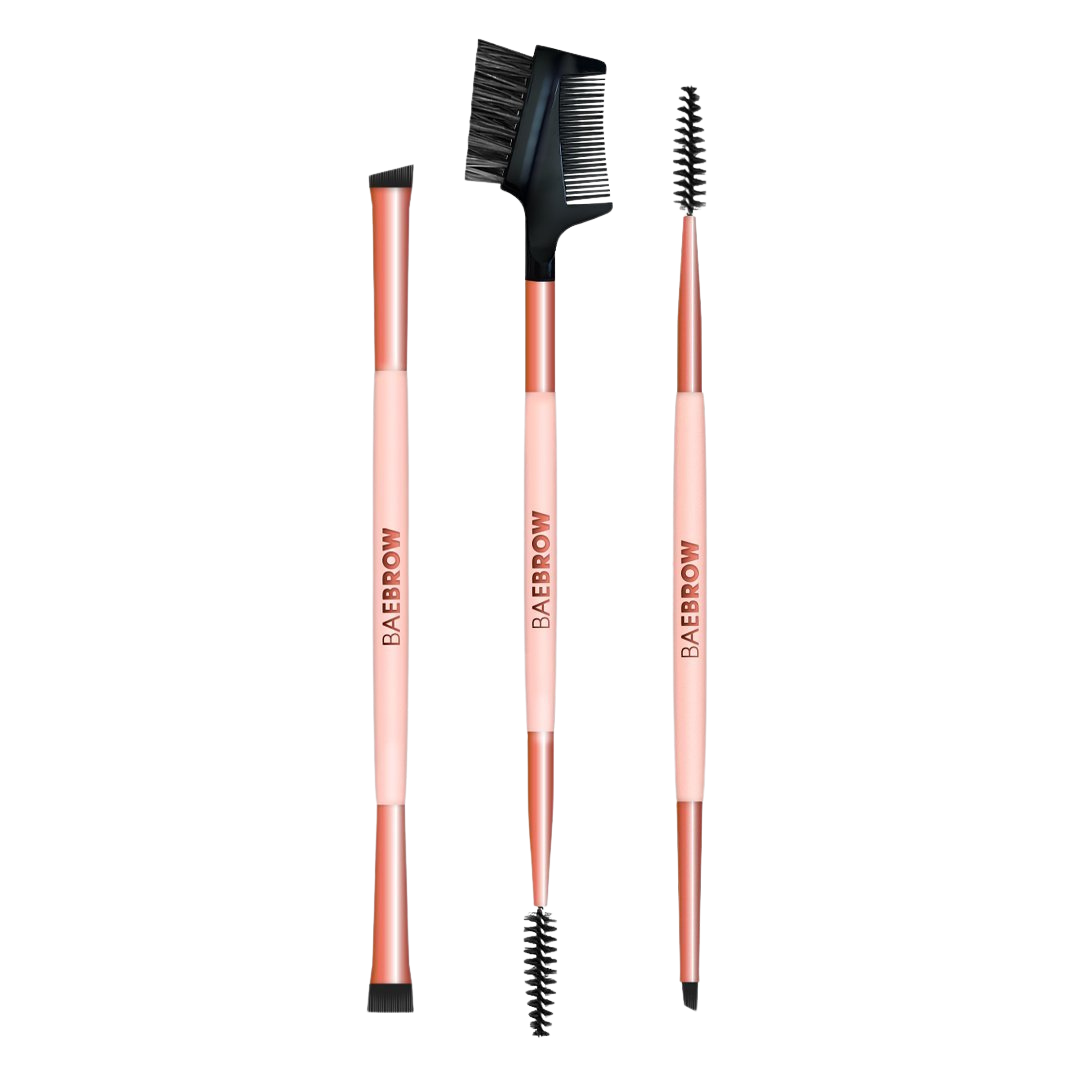 This Brush Trio consists of 3 types of brush : Brush No. 1 - Dual Ended Angled Brush + Spoolie , Brush No. 2 Dual Ended Brow Line Brush+ Flat Brush, Brush No. 3 Brow Groomer + Lash Comb + Spoolie