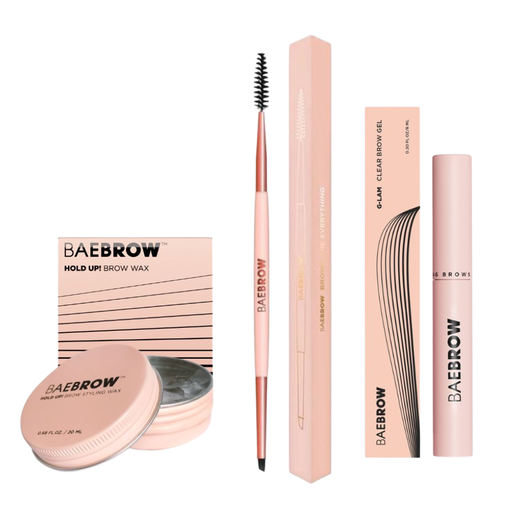 The bundle includes HOLD UP!/HOLD UP! PLUS Brow Wax + Dual Angled Brush + G-LAM Clear Brow Gel