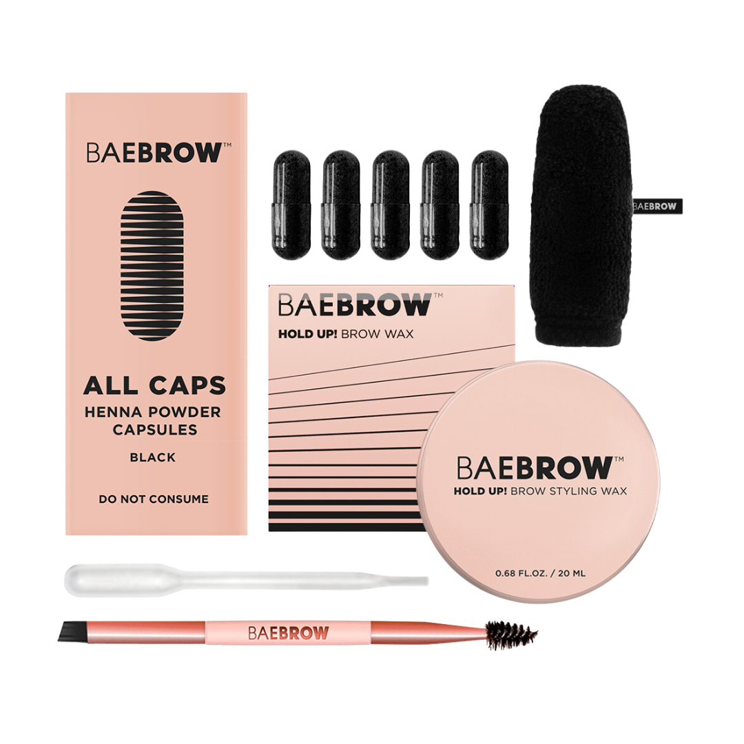 With every tool you'll need included in this bundle, you're all set to design your perfect brows:  ALL CAPS Henna Capsules HOLD UP! Brow Styling Wax Dual Angled Brush Pipette Mini Finger Swiper