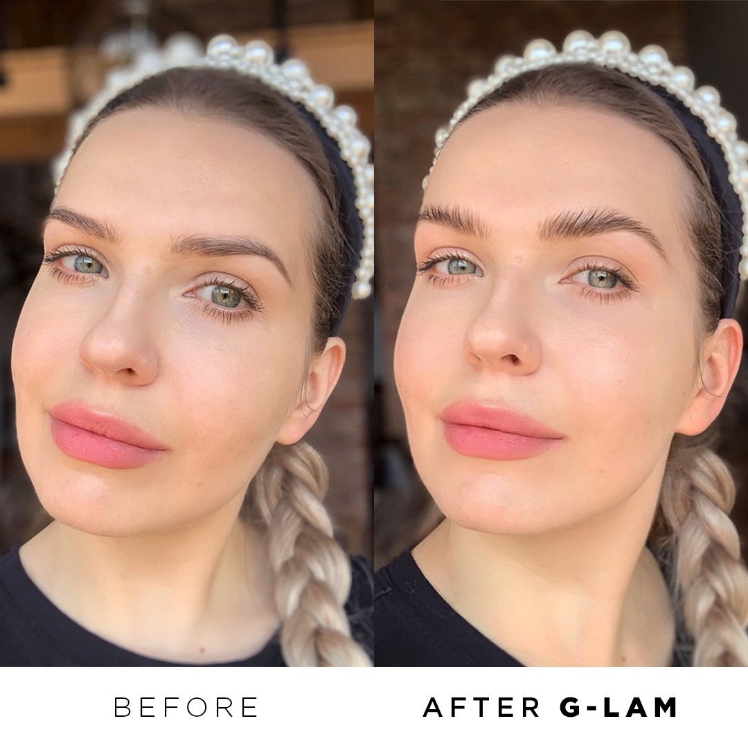 G-LAM Clear Eyebrow Gel for lamination effect sets brows for all day before and after