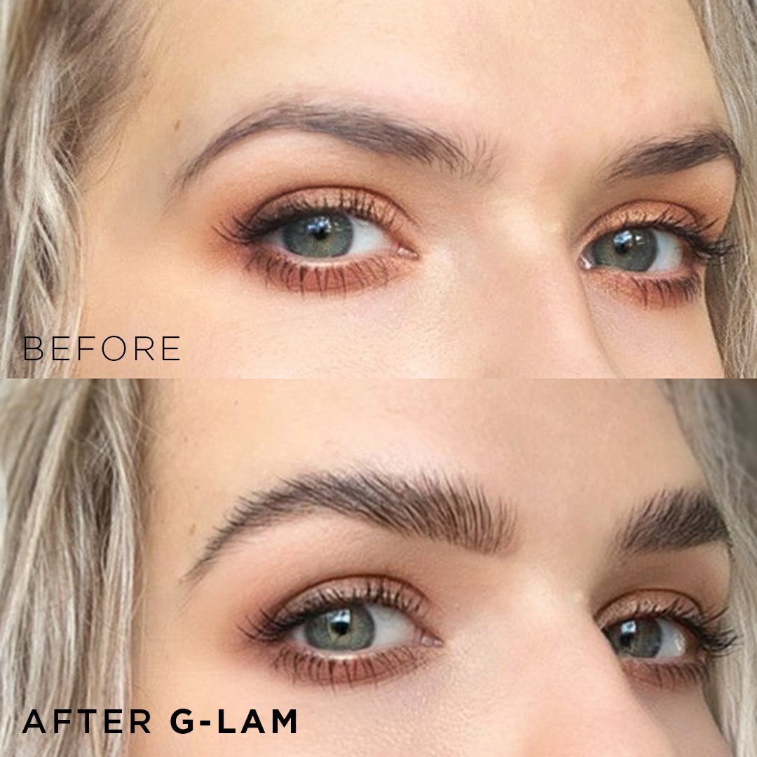 Tint + Hold Bundle INSTANT TINT! for eyebrow tinting in graphite color no mixing natural effect long-wear G-LAM Clear Eyebrow Gel giving brows a fuller appearance and a polished finish fluffy brows effect before and after 