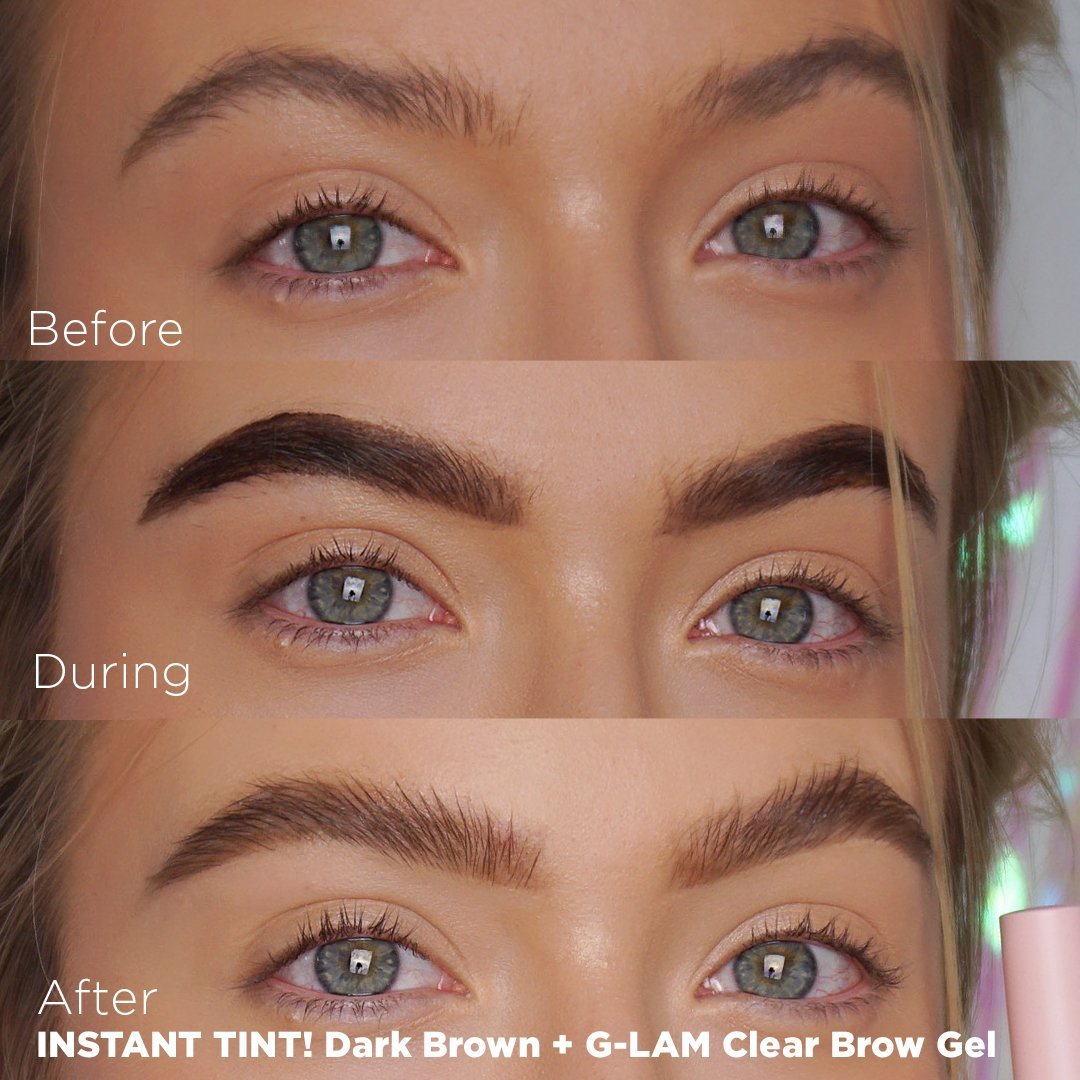 Tint + Hold Bundle G-LAM Clear Eyebrow Gel strong hold fast drying Instant tint for eyebrow tinting in dark brown color no mixing easy and quick application comparison
