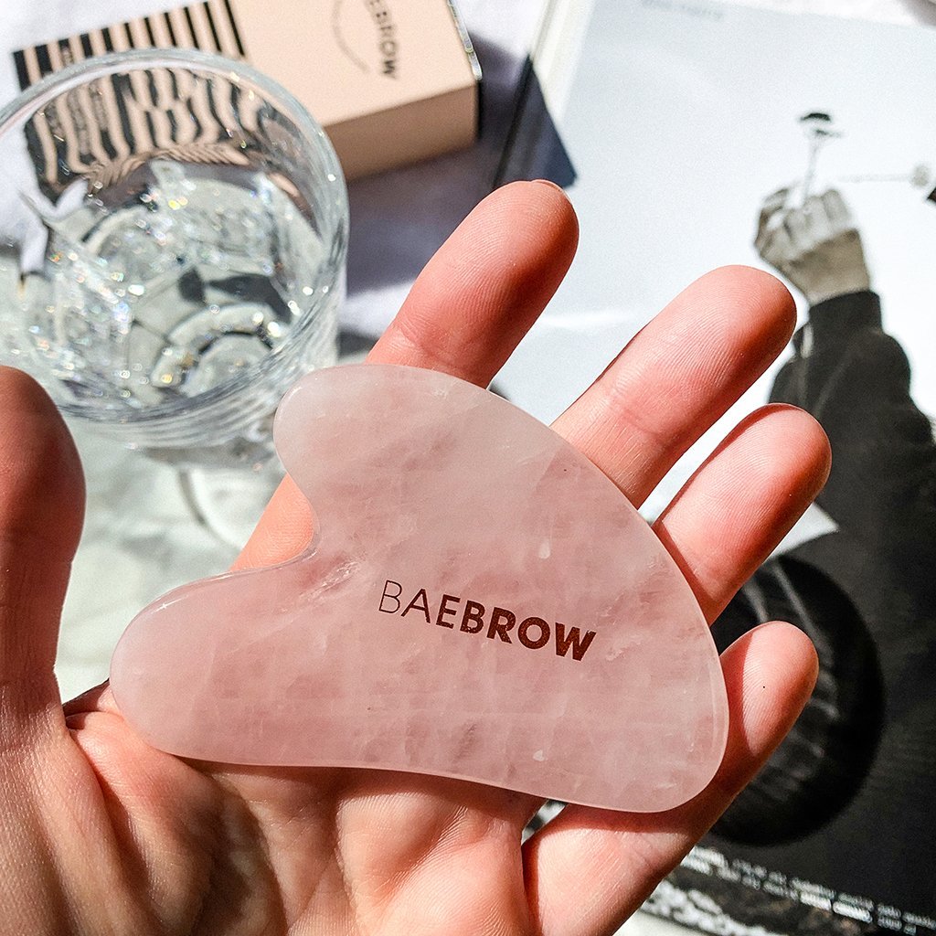 BAEBROW - Rose Quartz Gua Sha Sculpt Tool - Gua Sha for contouring facial muscles, reducing wrinkles, puffiness and stimulating lymphatic drainage in light pink color, Rose Quartz is a powerful healing stone for removing negative energy and replace it with loving vibes