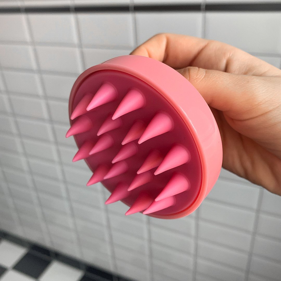 Scalp Massager Scrubber Brush for increasing hair thickness by stretching the cells of hair follicles, dislodging dead skin cells and boosting immune function in pink color 